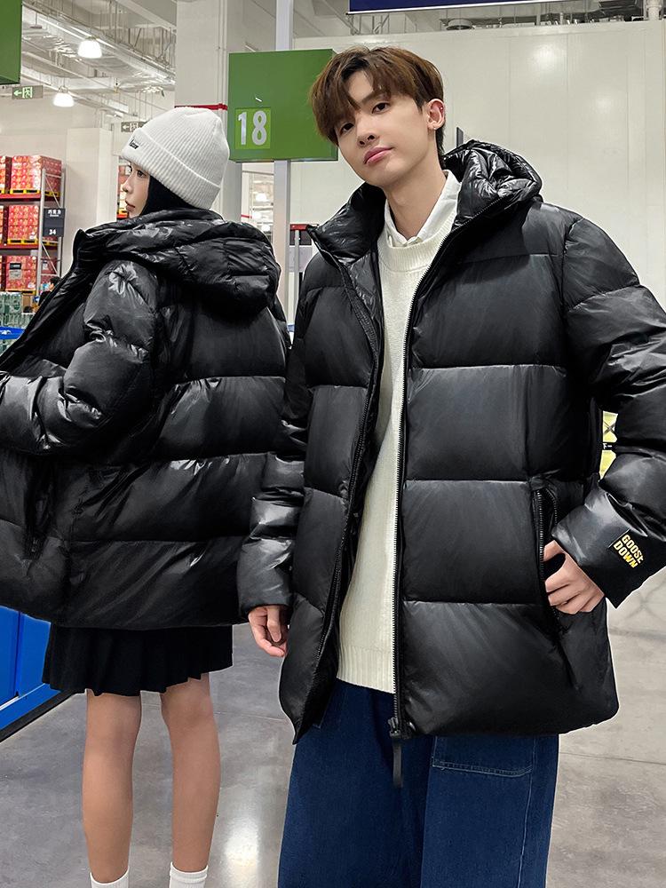 Unisex Black & Gold Winter Down Jacket with Velvet Lining, Thickened White Goose Down, Short Style