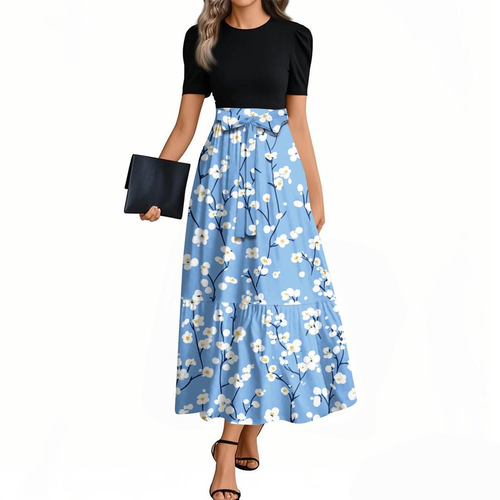 Women's Fashion Casual Belt Short Sleeve Round Neck Floral Stitching Elegant Temperament Dress
