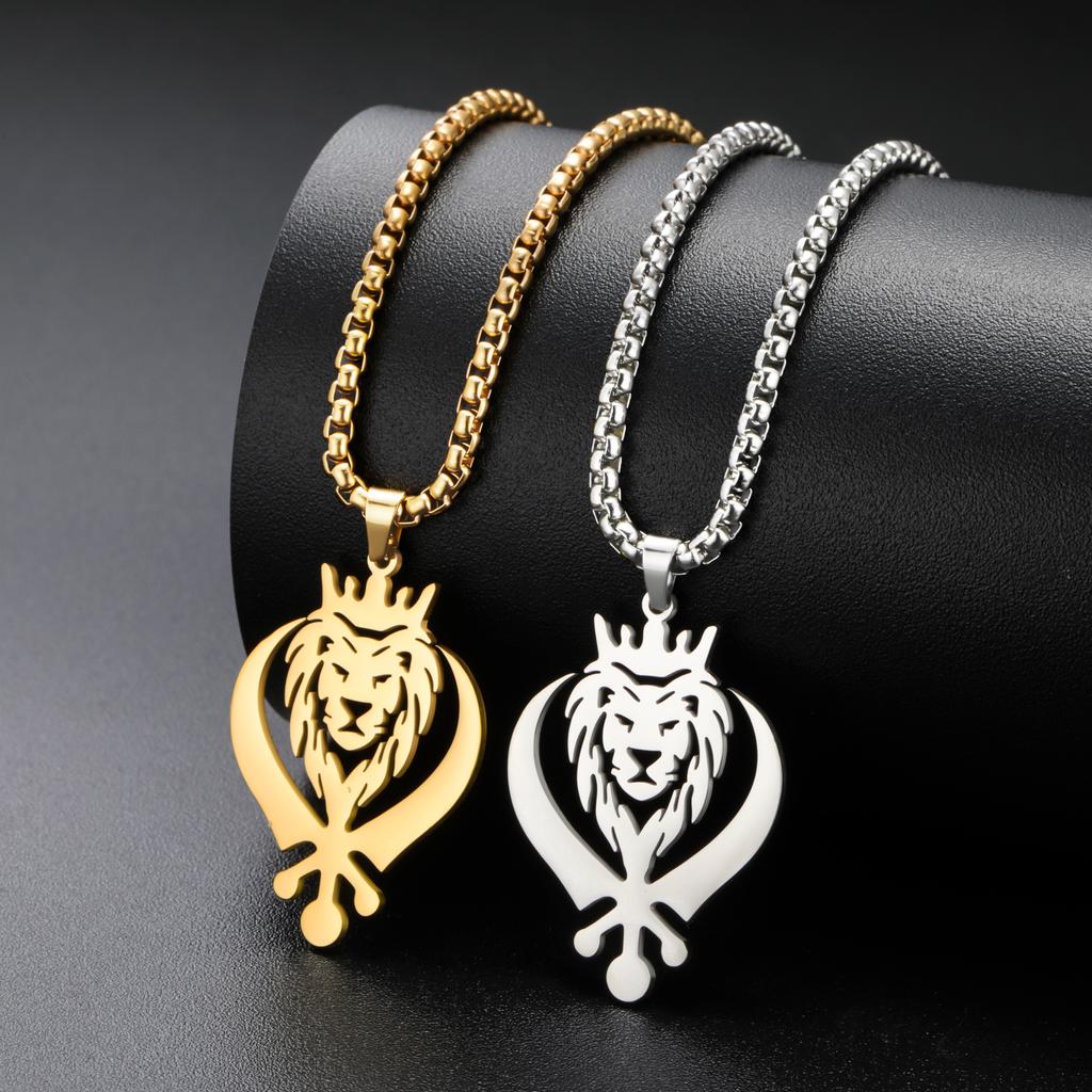 My Shape Punk Crown Lion King With Sikh Symbol Khanda Pendent Necklace Stainless Steel Animal Charm Choker Chains Jewelry Gifts