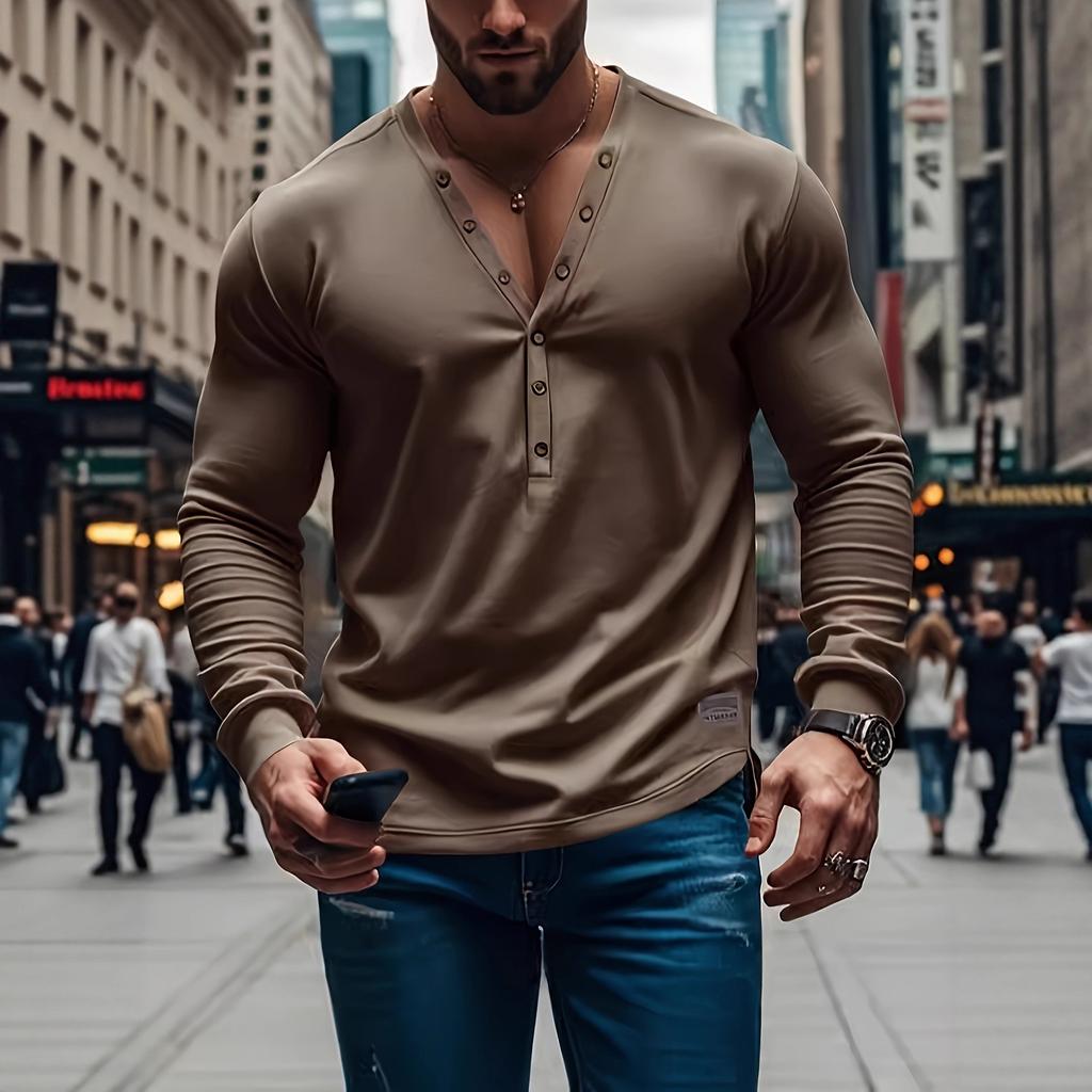 Top casual da uomo a maniche lunghe, tinta unita, vestibilità slim, con bottoni e scollo a V