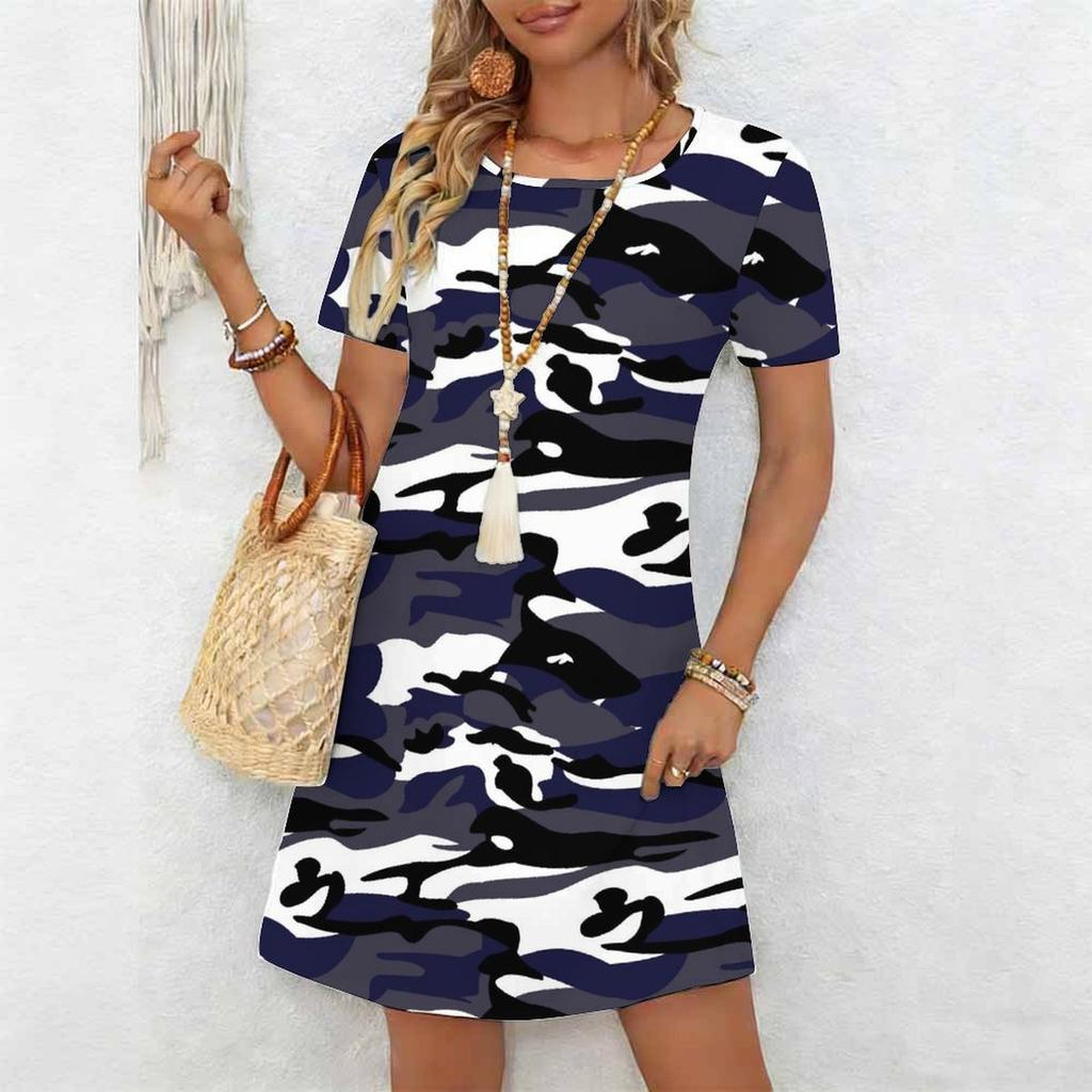 Women's Classic Leopard Print Short Sleeve Round Neck Midi Dress Loose Casual A Line Daily Wear Dress