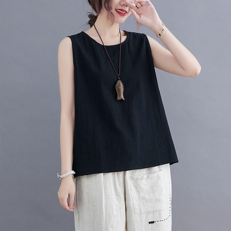 Women's Round Neck Sleeveless Camisole Loose Fit Casual Tank Top Solid Color Polyester Wide Strap Plus Size Summer Inner Outer Wear