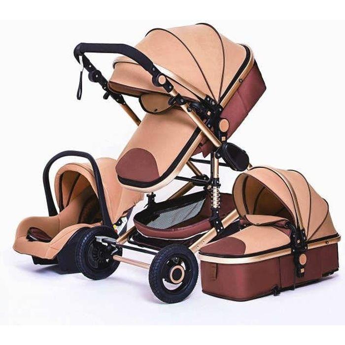 Brown 3-in-1 Trio Pack Baby Pram Shock-Absorbing High Chassis Foldable Reversible Car Seat Puncture-Proof Wheels