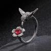 Hummingbird & Flower Open Ring Collection, Gold/Silver Tone Adjustable Gemstone Bird Rings for Women