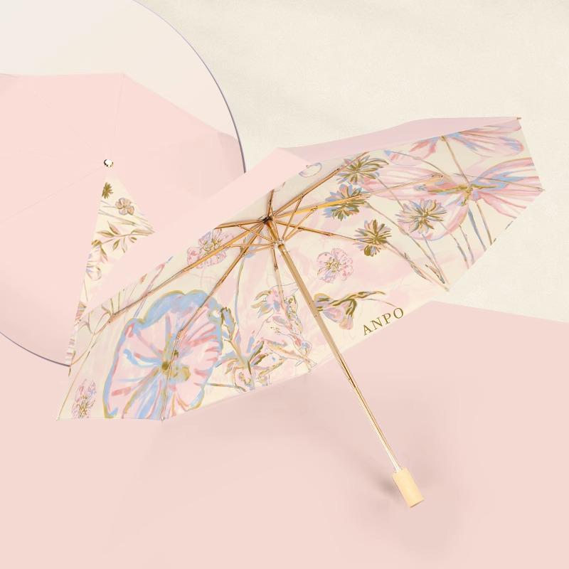 Gold Curved Hook Sunshade Sun & Rain Anti-UV Folding Umbrella for Women