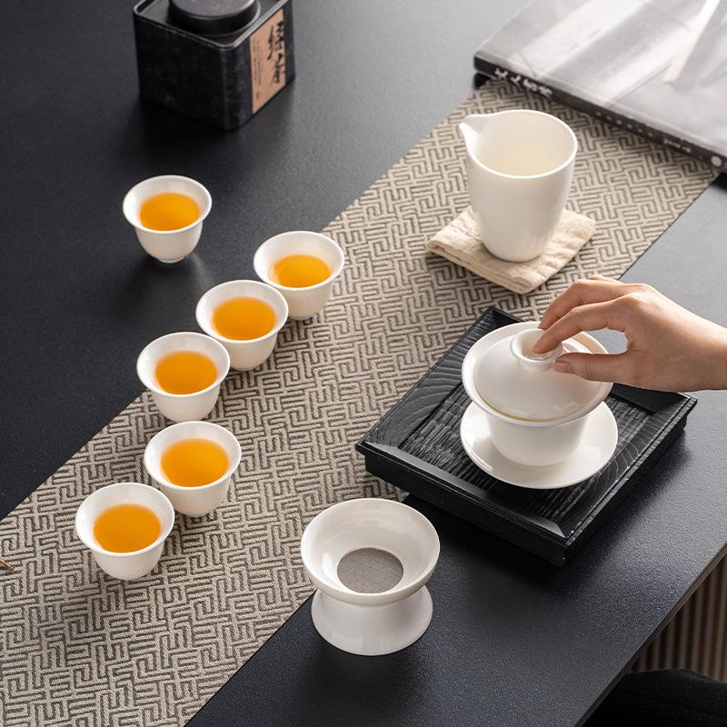 Light Luxury Suet Jade White Porcelain Cover Bowl Kung Fu Tea Set, Complete Set of Office Business Gifts, Gift Boxes, Boutique Products