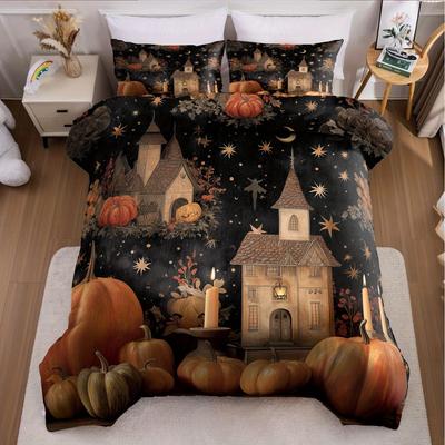 3-teiliges Halloween Kürbis Monster Bettbezug-Set ohne Füllung Bettbezug mit 2 Kissenbezügen Weich und Maschinenwaschbar
