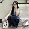 Korean V-neck blue plaid neck sling vest women's summer temperament sweet and spicy off-the-shoulder waist sleeveless top