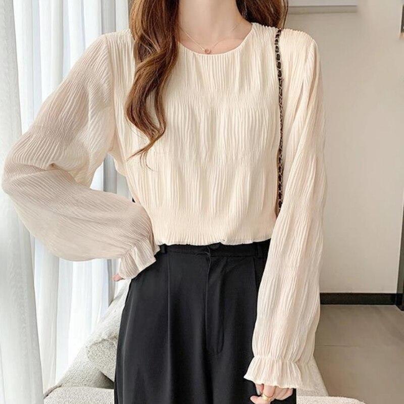 Koreansk mote Sommer Enkel bluse Kvinner 2023 Plisséskjorte Elegante topper Løse klær med lange ermer Solide klær Blusas 27035