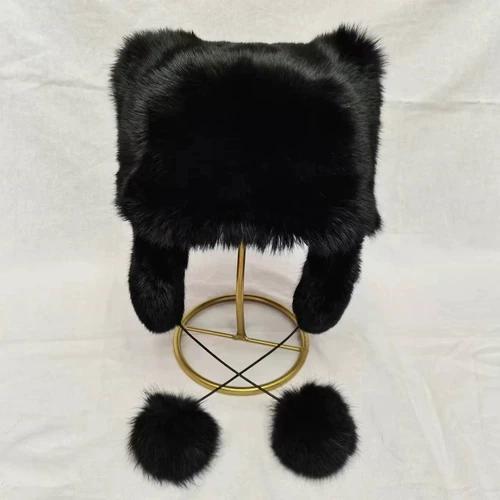 Rabbit Fur Whole Leather Hat Cat Ear Hat Autumn and Winter Ladies Sweet Cute Ball Fur Ear Hat Thickened Warm