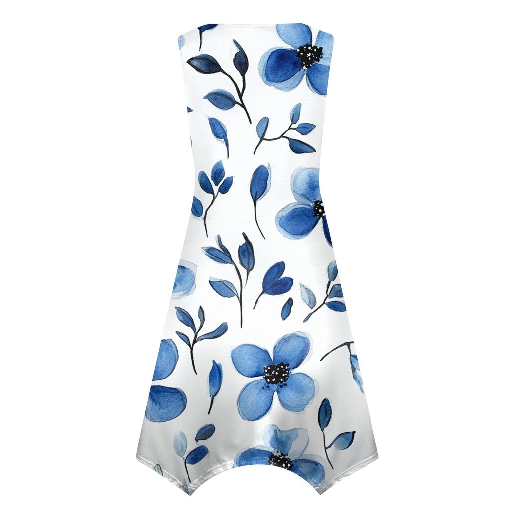 Women's Casual Fashion Round Neck Sleeveless Vintage Floral Print With Irregular Hem Mid-length Dress