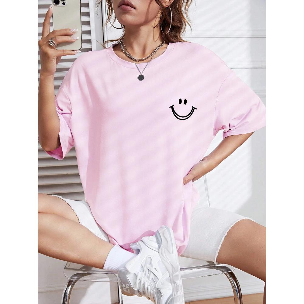 Happy Expression Printed Women Short Sleeve Street Hip Hop Tee Clothing All-math Breathable Tops Crewneck Women T-Shirts