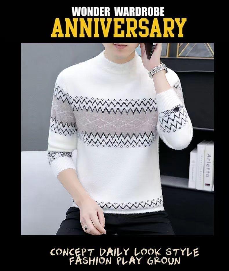 Men's High-End Fleece-Lined Winter Sweater, Half-High Collar, Korean Style, Warm Casual Knit for Teens & Students.