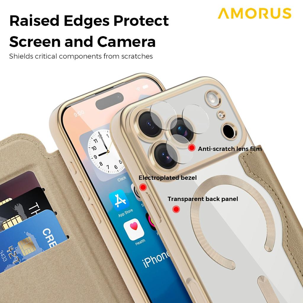 AMORUS For iPhone 17 Pro Max Case Compatible with MagSafe RFID Blocking Card Holder Leather Phone Cover