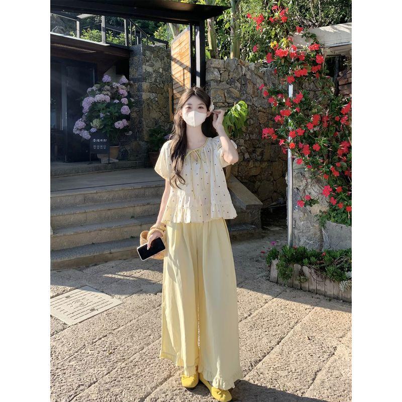 Kumikumi Vacation Set French Style Polka Dot Puff Sleeve Shirts Women Summer Loose Blue Skirt Two-piece Set