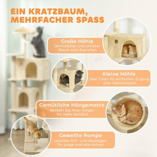 Cat Tree 160cm Cat Tower with Hammock, Ladder, Cave, 2 Plush Balls, Sisal Posts, 48 X 48 X 160cm,