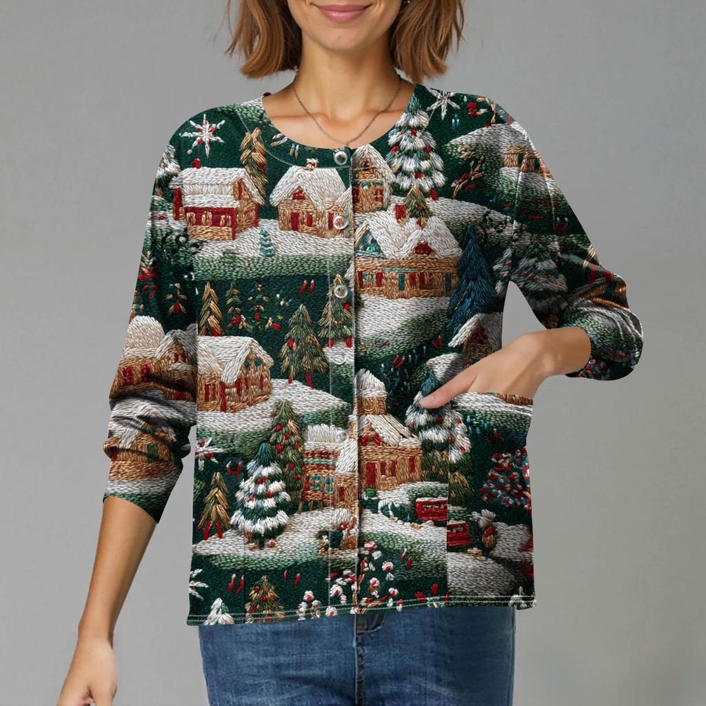 Damen Lässiger Langärmliger Einreihiger Strickcardigan mit Weihnachtsmotiv-Print