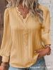 Women's V-Neck Long Sleeve Top with Lace Trim and Puff Sleeves