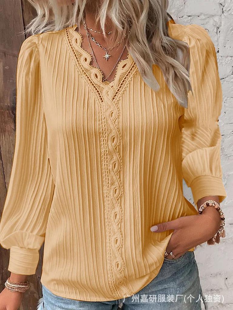 Women's V-Neck Long Sleeve Top with Lace Trim and Puff Sleeves