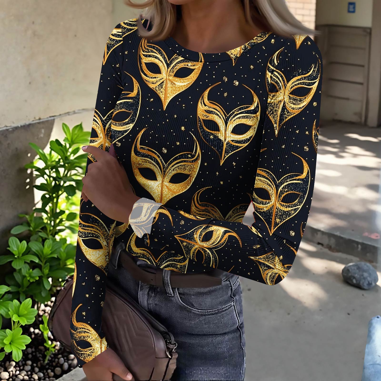 

Жіноча футболка з облягаючим низом, модна повсякденна з градієнтним принтом, з круглим вирізом, пуловер, топ з довгим рукавом S жовтий