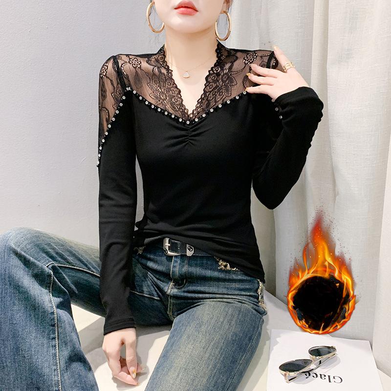 

Зимняя кружевная сращивающая новая футболка с длинными рукавами и V-образным вырезом в иностранном стиле, женская облегающая рубашка S