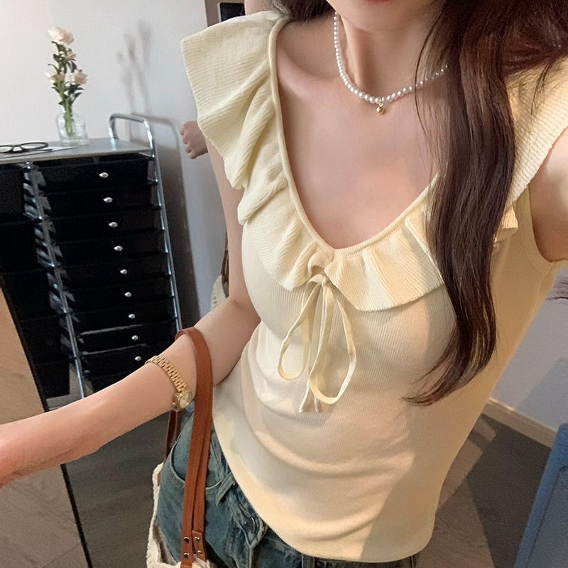 Chic Ruffle Edge Lace-up Vest Knitted Sweater Women's Summer Sweet Wind Slim and Thin Temperament Sleeveless Top