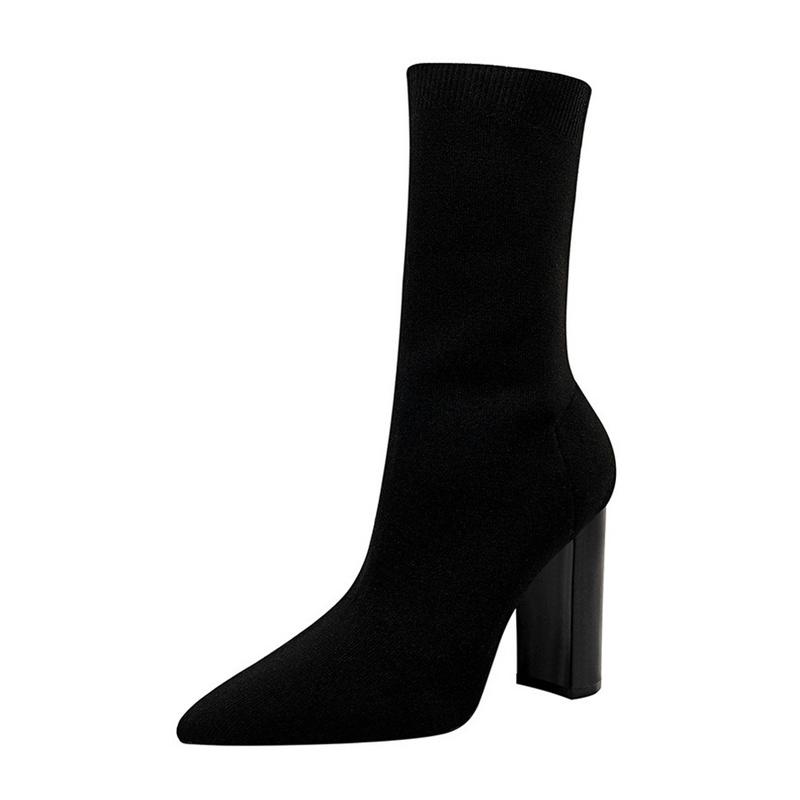 Autumn Fashion Simple Metal Color Square Heels Socks Boots Women Stretch Fabric Elastic Pointed Toe Shoes Ankle Boot