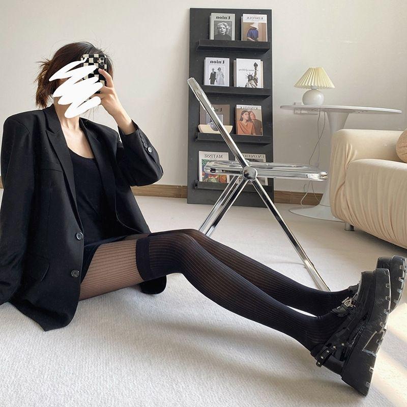 Japanese - Style Striped Stockings Vertical - Striped Fake Over - The - Knee Stockings Vertical - Striped Spliced Pantyhose Black - Silk Pantyhose
