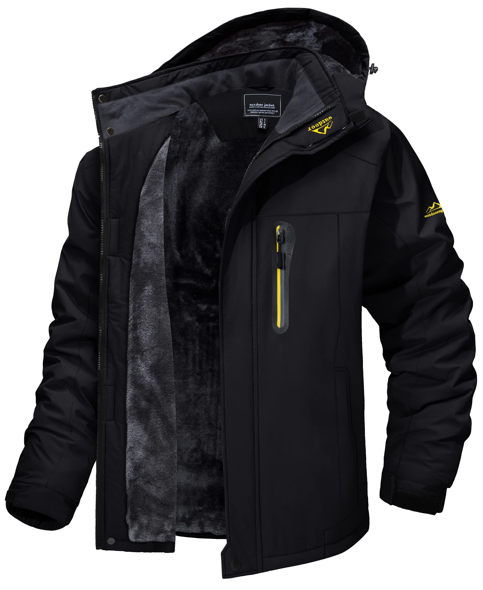 

TACVASEN Men s Climbing Jacket, Fleece-Lined Hoodie, Ski Wear, Windbreaker, Solid Color, Water-Repellent, Breathable, Black, Size 2XL