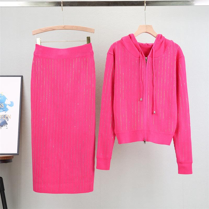 Women's Rhinestone Knit Hooded Cardigan & Skirt Set - Autumn/Winter Fragrance Style