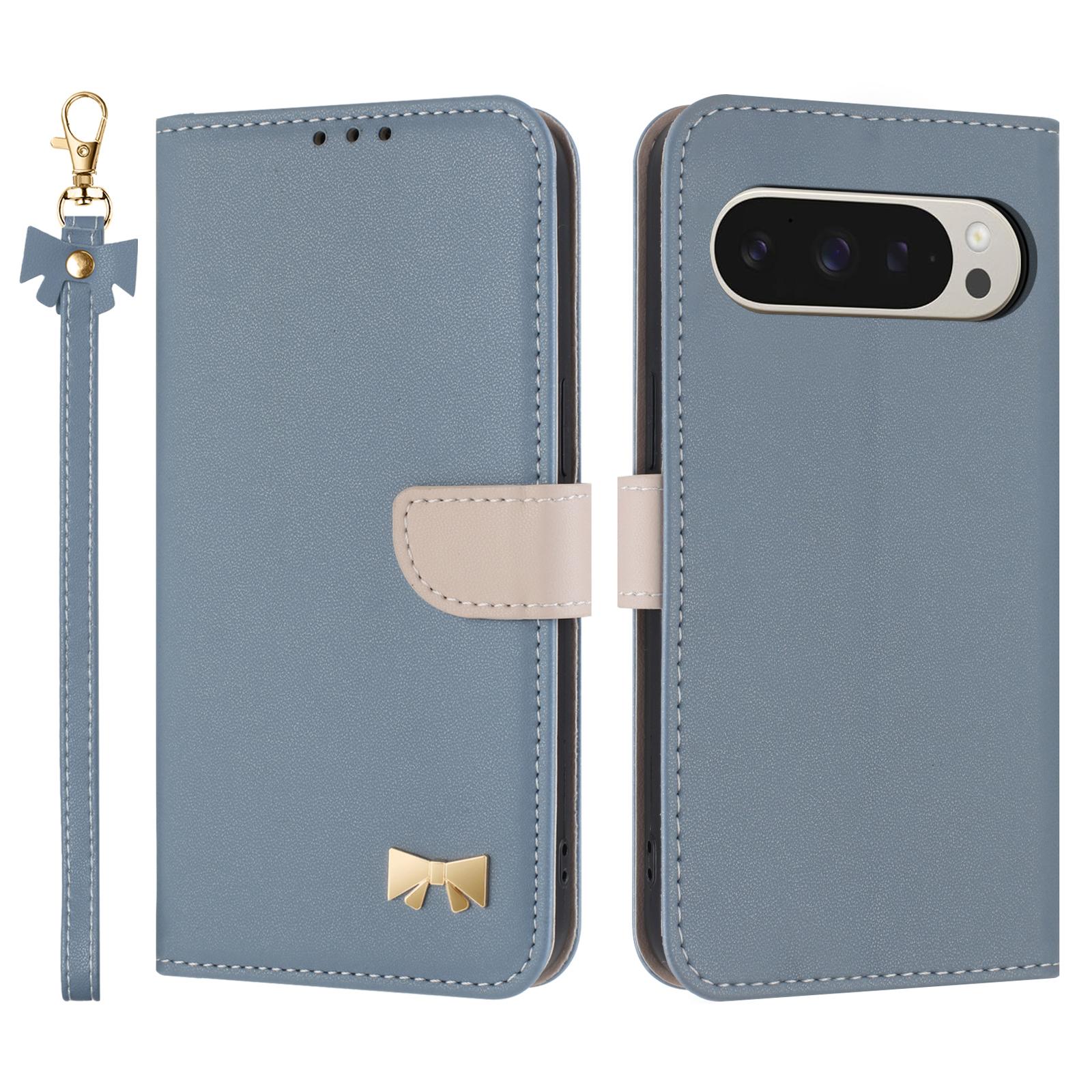 

For Google Pixel 10 Pro XL/9 Pro XL Case Bowknot Decor Wallet Leather Phone Cover with Wrist Strap Baby Blue