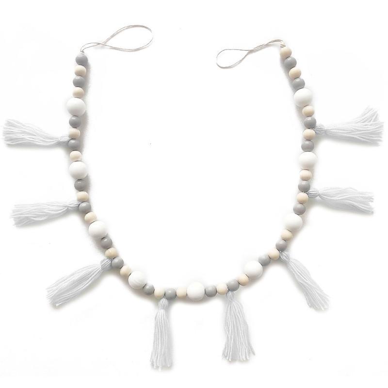 Nordic Cotton Rope Wooden Bead Garland with Tassel Wall Hanging Nursery Props Ornament Kids Baby Room Decor
