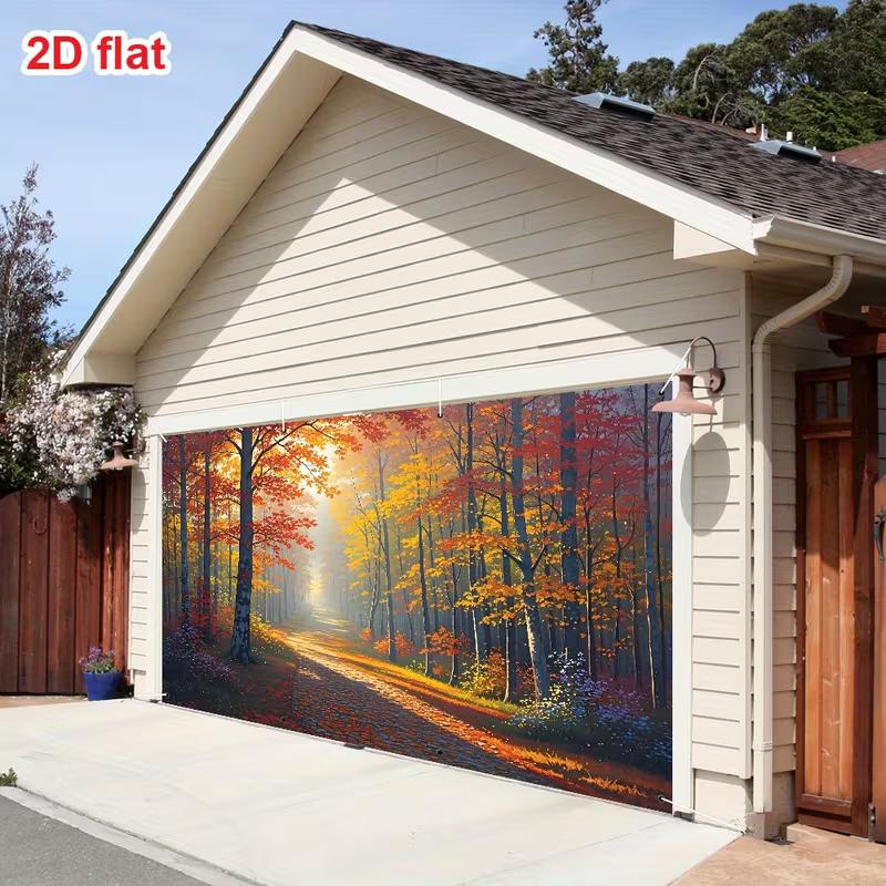 2D Flat Printing Fall Garage Door Backdrop, Autumn Forest Photography Background