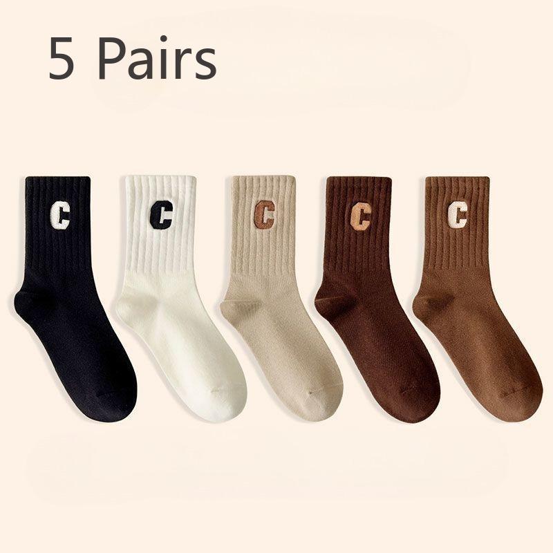 5 Pairs of Trendy and Versatile Solid Color Mid-length Stockings with High Appearance Level for Autumn and Winter Sports and Anti-odor Stacking Socks