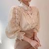 Women Chiffon Button Turtleneck Shirt Chic Elegant Floral Lace Fluffy Long Sleeve Top Fashion Hollow Oversize White Blouse