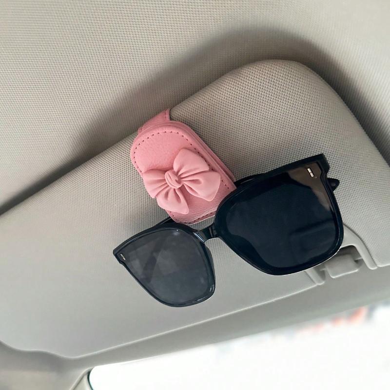 Car Sun Visor Glasses Clip Cute Pink Bow Durable ABS Material Sunglasses Storage Holder Auto Interior Decor