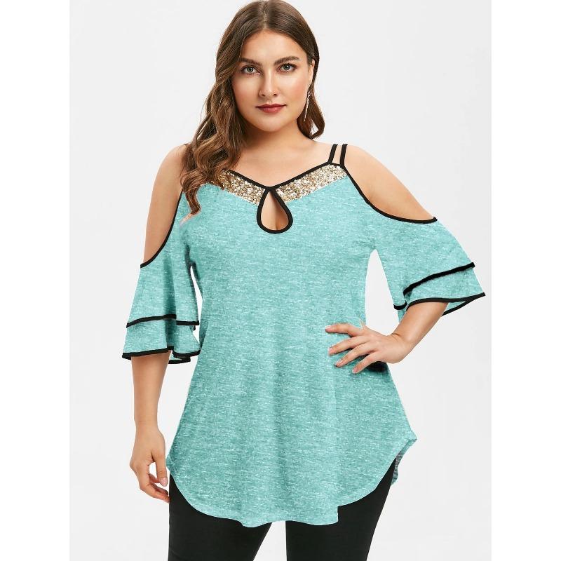 Womens Plus Size Cold Shoulder T Shirt Sequin Detail Ruffle Sleeve Keyhole Top