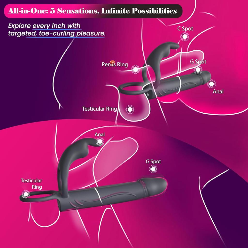 Rabbit-ear Cock Ring Vibrating Anal Plug with Clitoral Stimulator, Wearable Double Ended Anal Plug, Unisex Dual User Anal Sex Toy