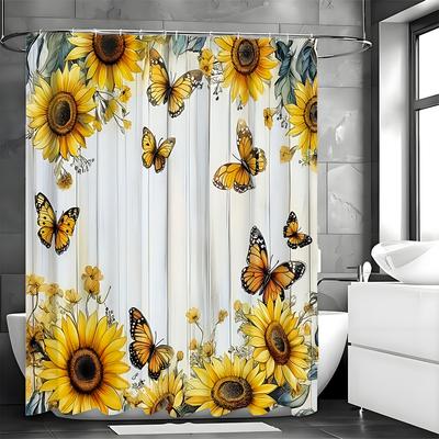 Sunflower Butterfly Wood Grain Shower Curtain, Bathroom Decorative Shower Curtain, Waterproof Shower Curtain with Hooks