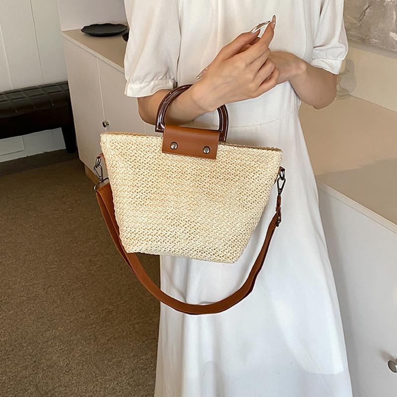 Yogodlns Summer Women Shoulder Bag Wooden Handle Handbag Woven Straw Bag Bohemian Casual Lady Beach Fashion Crossbody Bags
