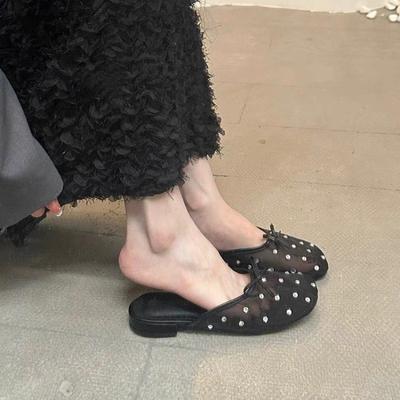 Frühling Neue Baotou Slipper Damen Rundkopf Flachmaul Schmetterlingsknoten Pailletten Mesh Stoff Atmungsaktiv Weichsohlige Sandalen