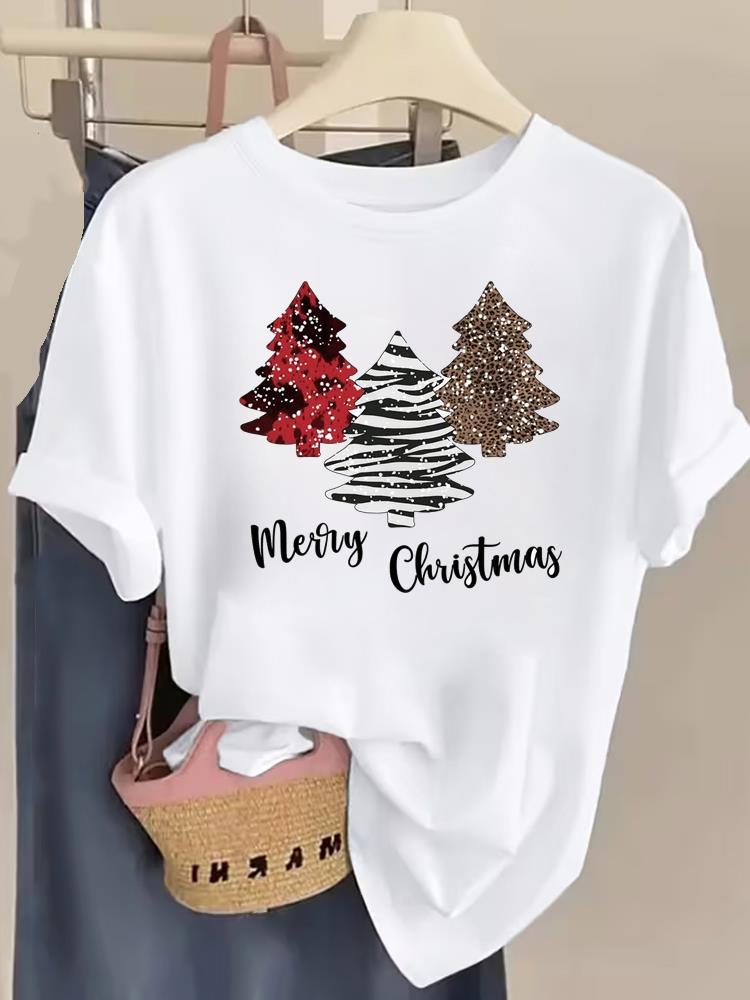 (Asian Size) Letter Cute Women Fashion Festival New Year T Shirt Christmas Clothing Tee Top Print Woman Short Sleeve Graphic T-shirts