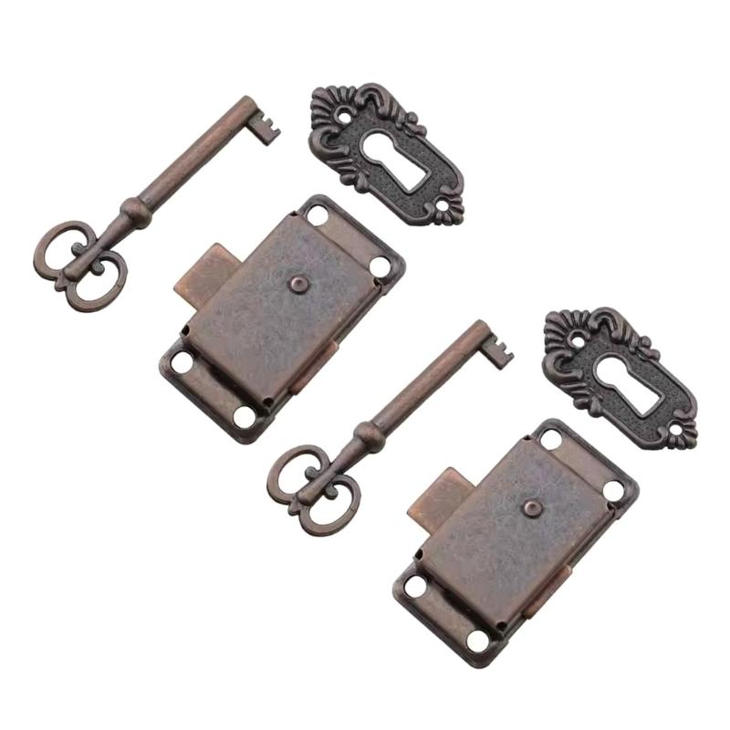 2Pieces Antique Bronze Cabinet Lock With Skeletons Key Accessory Portable for Vintage Styles Home Decoration Use