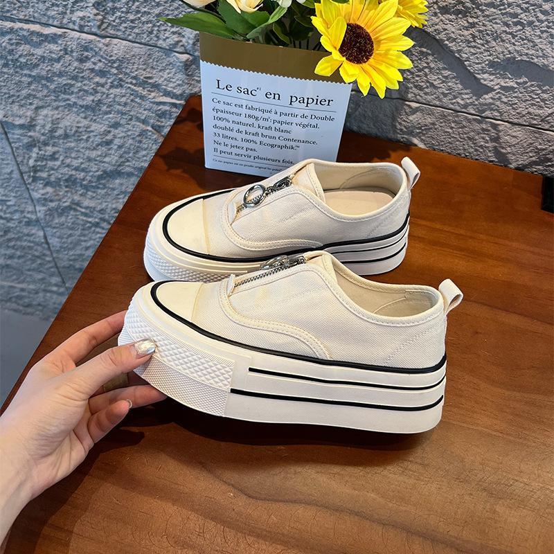 

canvas white shoes summer new zipper casual board shoes platform single shoes sports women s shoes versatile height-increasing shoes 35 бежевый