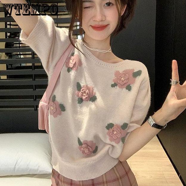 

Шикарный свитер с короткими рукавами в академическом стиле, пуловер, вязаный женский весенне-осенний полый топ