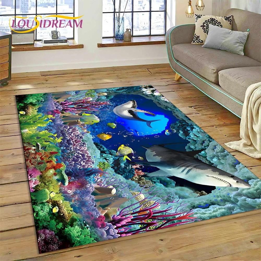 3D Illusion Underwater World Seabed Shark Dolphin Cartoon Carpet Rug for Bedroom Living Room Sofa Decoration,Kid Decor Floor Mat