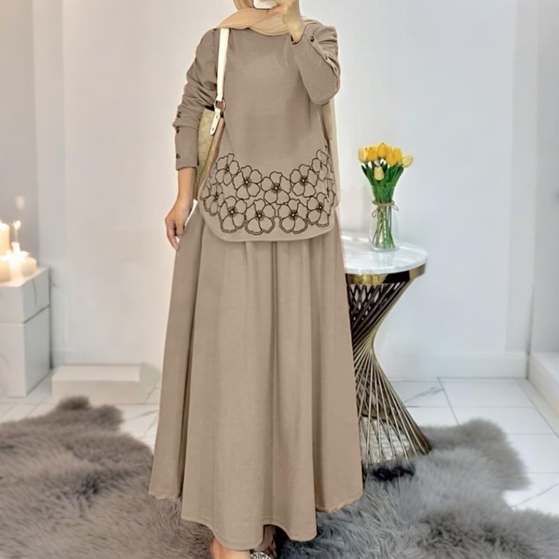 ZANZEA Women Long Sleeve Print Blouse and Long Skirts Muslim Two Piece Suit Sets