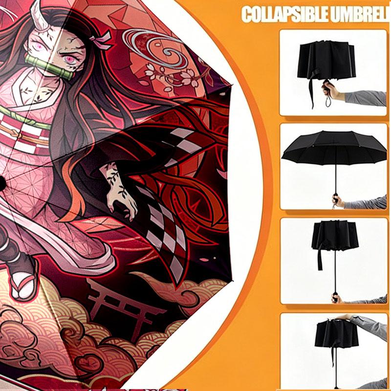 Custom Name Personalized Demon Slayer Anime Print Umbrella, Auto Open Close, 8‑Rib Sturdy Frame, Commute Camping Hiking Use, Birthday Gift