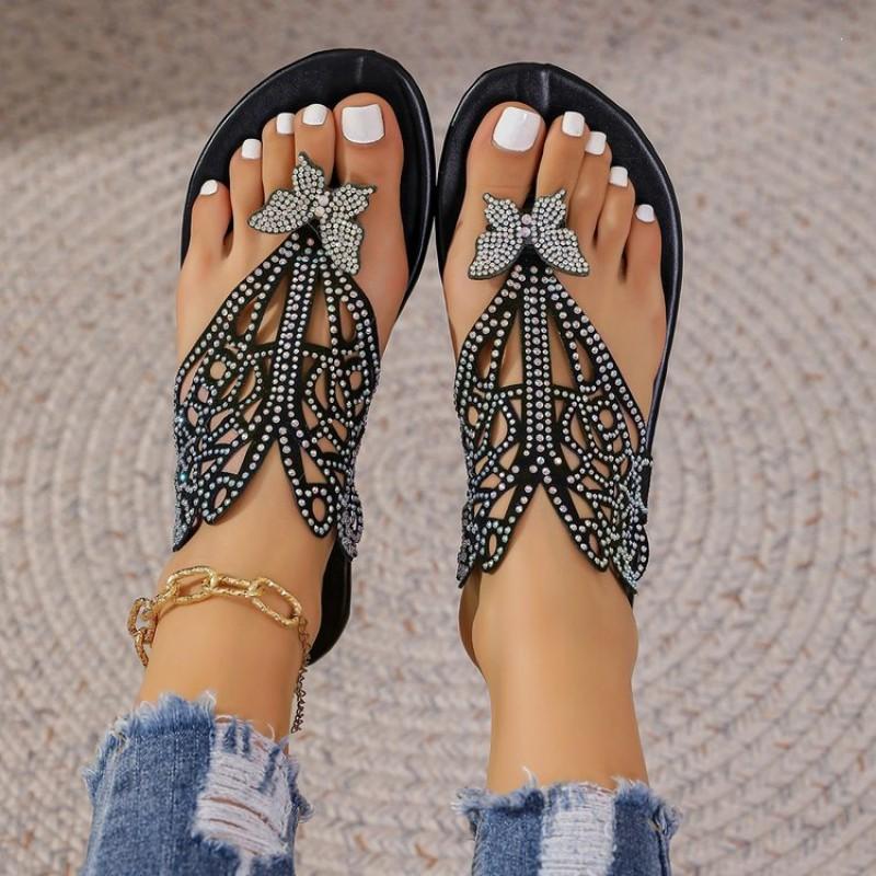 Womens Bohemian Rhinestone Flat Flip Flops Sandals With Toe Loop Velvet Upper Rubber Sole Plus Size 36-43