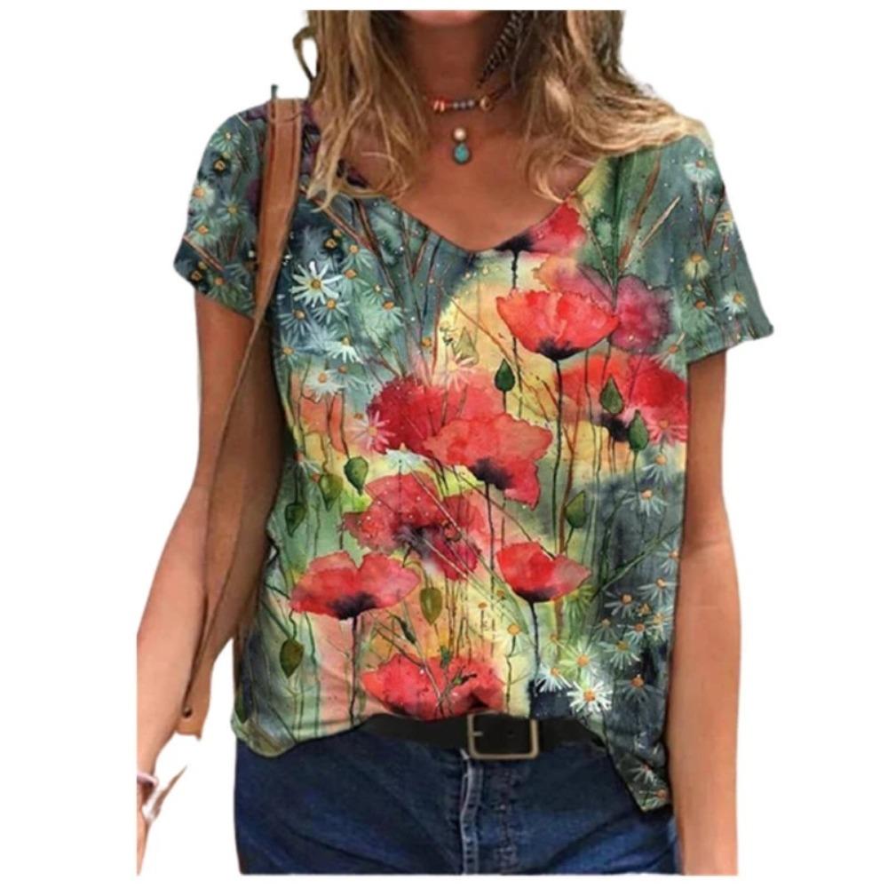 Casual Summer T-shirt 2025 New Women's 3d Floral Print T-shirt Ladies Street Wear Short-sleeved V-neck Top